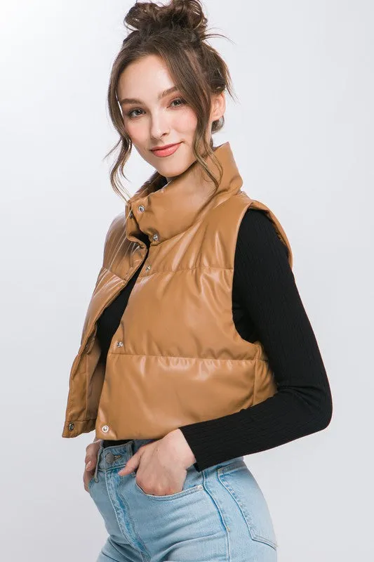 PU Leather Puffer Vest with Snap Button