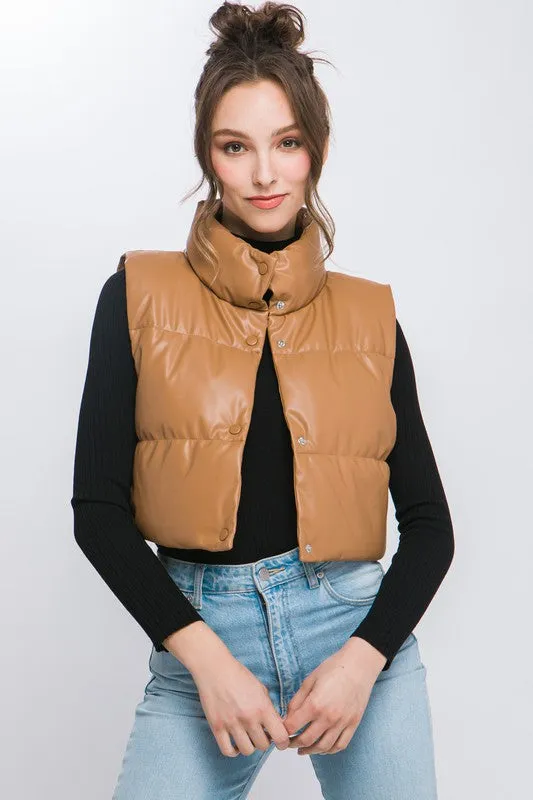 PU Leather Puffer Vest with Snap Button