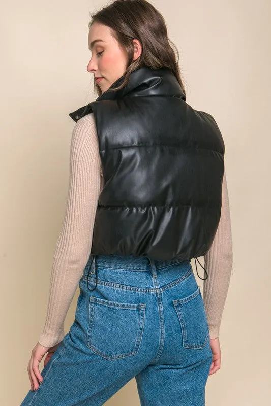 PU Leather Puffer Vest with Snap Button