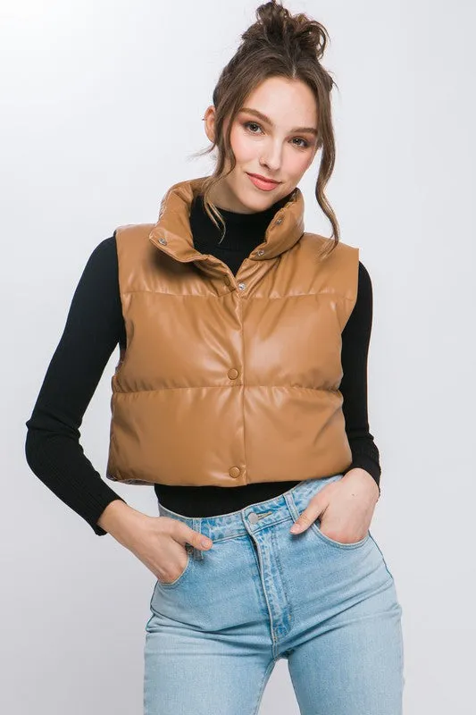 PU Leather Puffer Vest with Snap Button