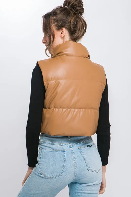 PU Leather Puffer Vest with Snap Button