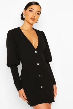 Puff Sleeve Plunge Button Front Blazer Dress