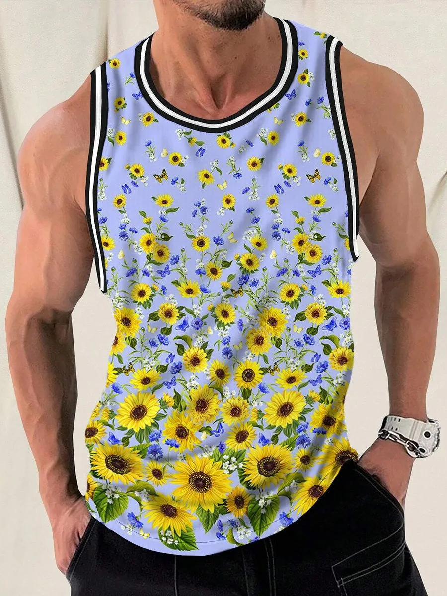 Retro Gradient Sunflower Print Crew Neck Tank Top