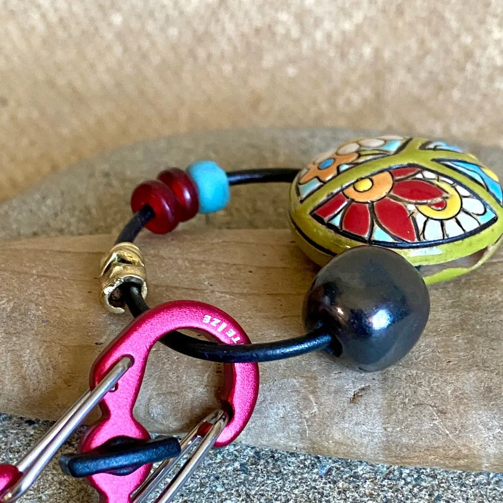 Retro Peace Sign Ceramic Lentil Bead Clip-On with Shungite Cube Bead