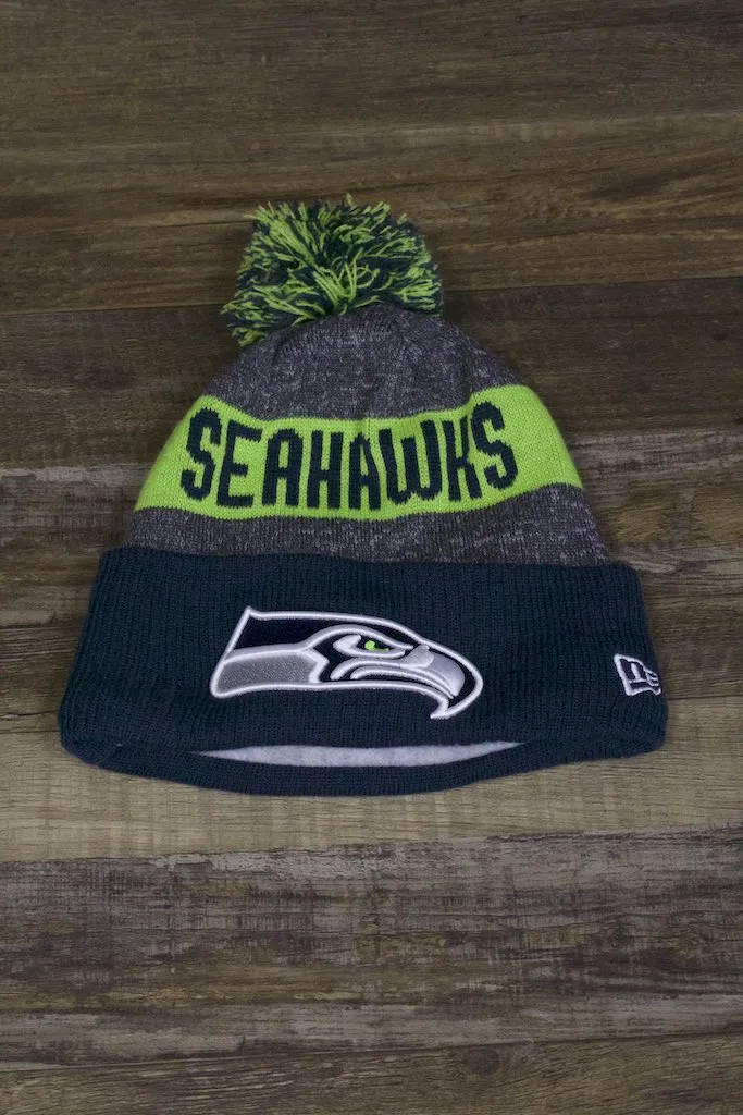 Seattle Seahawks Black and Neon Green Winter Beanie with Cuffed Logo and Pom Pom