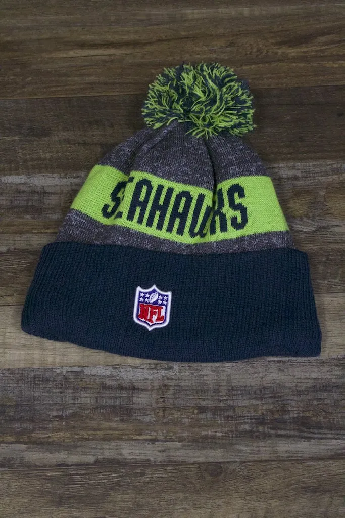 Seattle Seahawks Black and Neon Green Winter Beanie with Cuffed Logo and Pom Pom