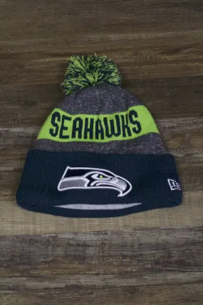 Seattle Seahawks Black and Neon Green Winter Beanie with Cuffed Logo and Pom Pom