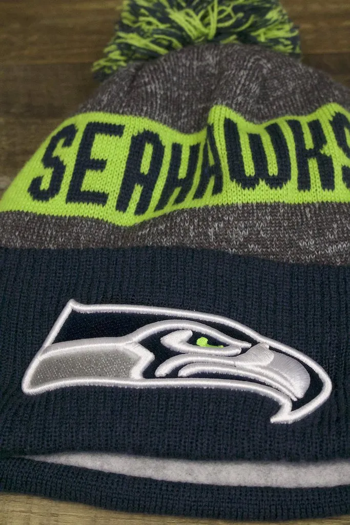 Seattle Seahawks Black and Neon Green Winter Beanie with Cuffed Logo and Pom Pom