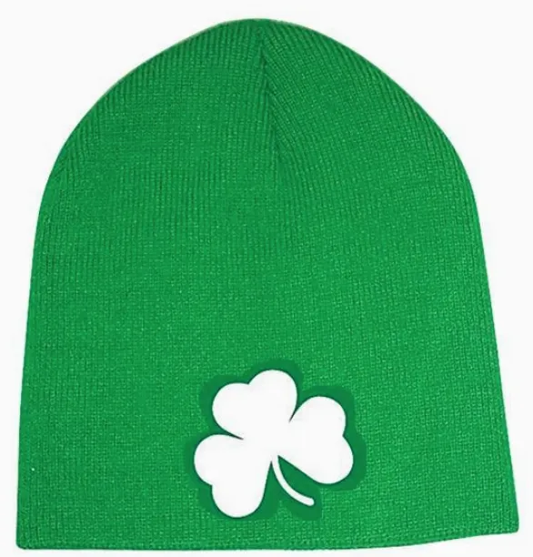 Shamrock Beanie Hat - Top Keywords: Green Shamrock Beanie, St. Patrick's Day Hat, Knit Shamrock Hat