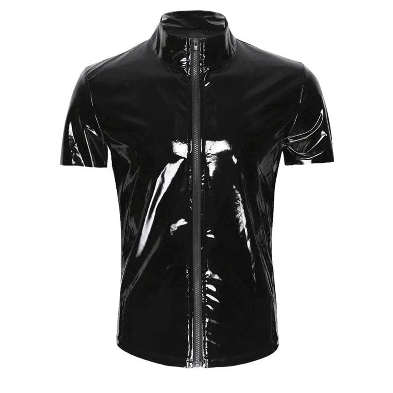 Shiny PVC Faux Leather Short Sleeve Zipper Turtleneck Top