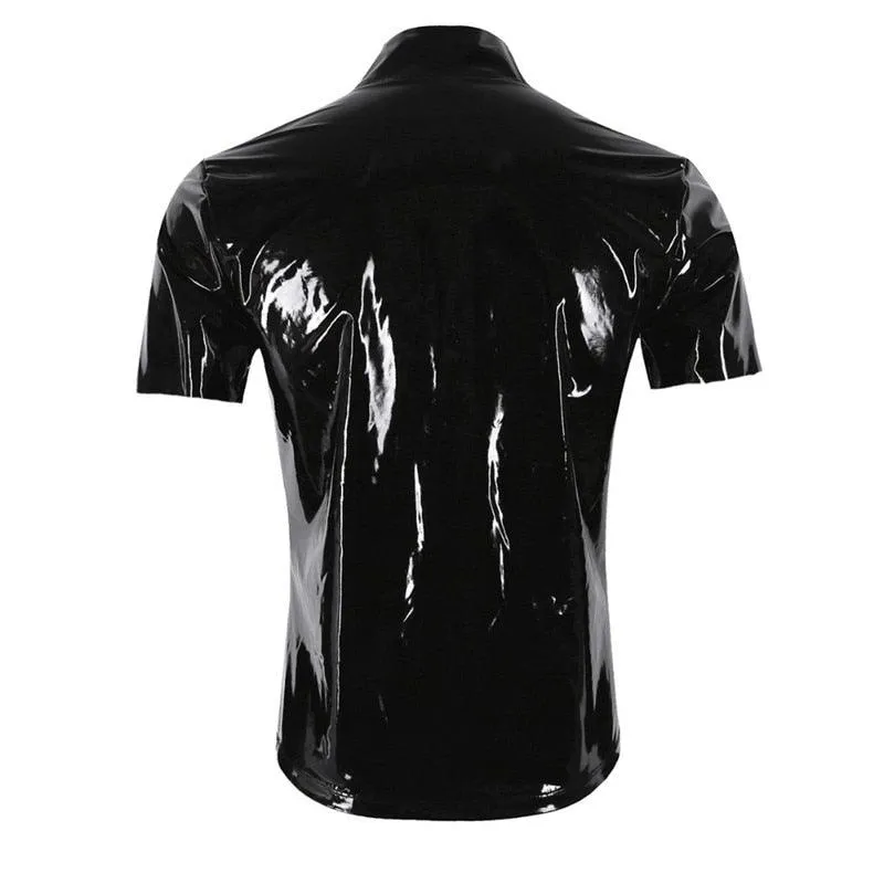 Shiny PVC Faux Leather Short Sleeve Zipper Turtleneck Top