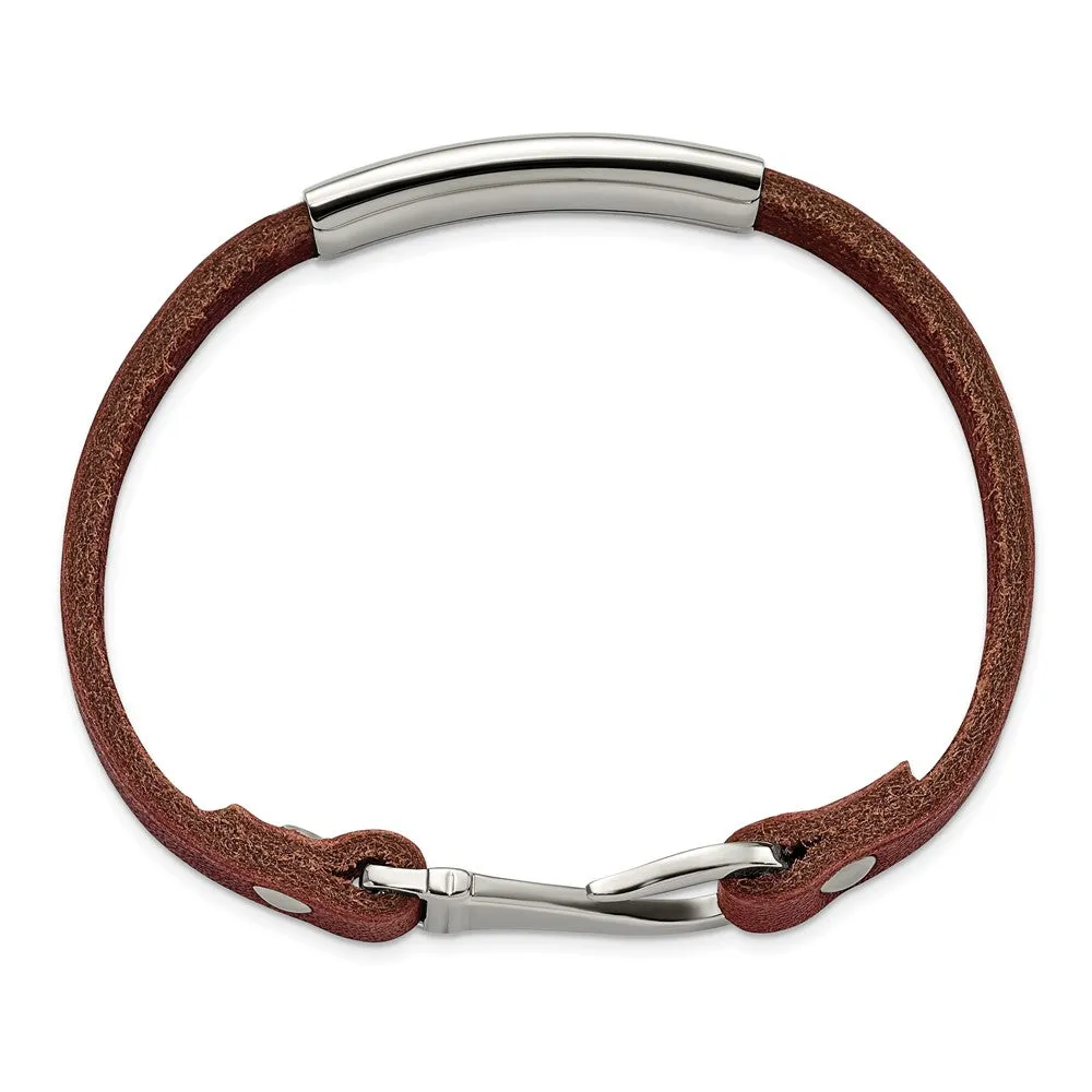 Stainless Steel Black or Brown Leather Hook Clasp I.D. Bracelet, 8.5in