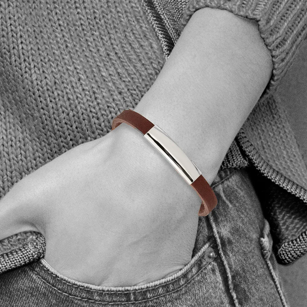 Stainless Steel Black or Brown Leather Hook Clasp I.D. Bracelet, 8.5in