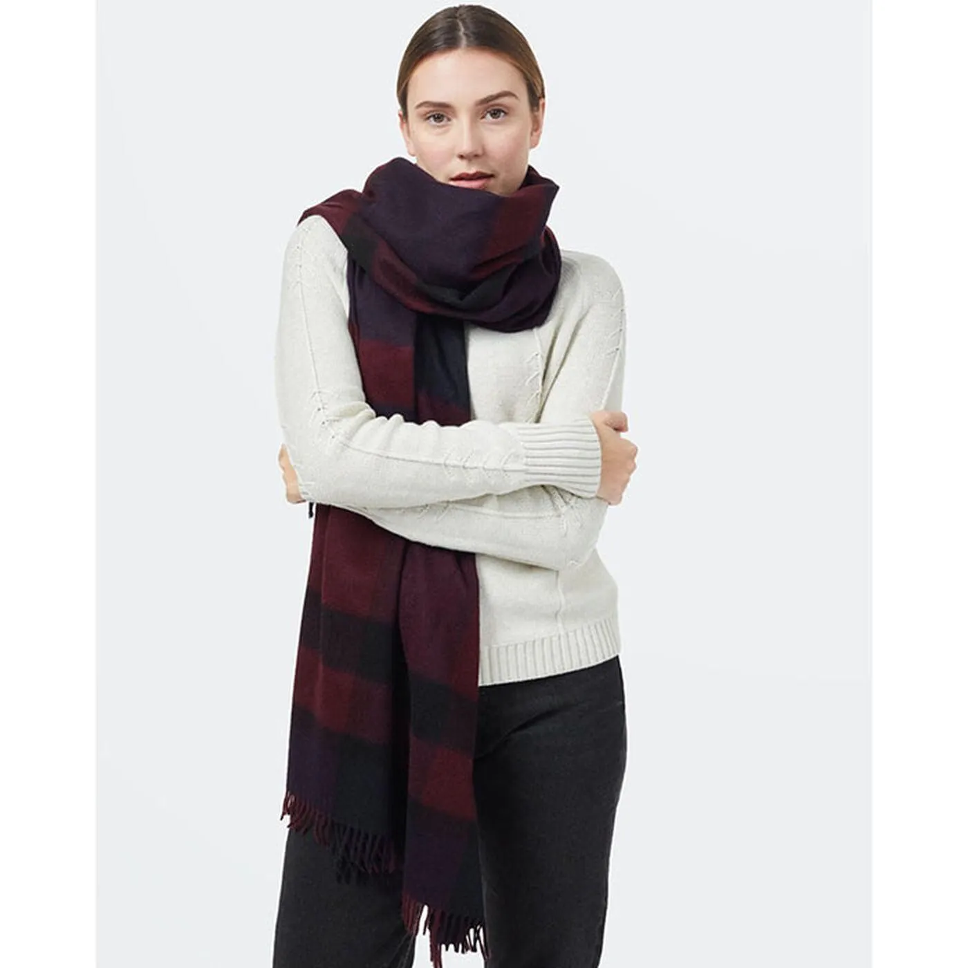 Tentree plaid scarf - mulberry/ midnight blue - RWS wool woven scarf.