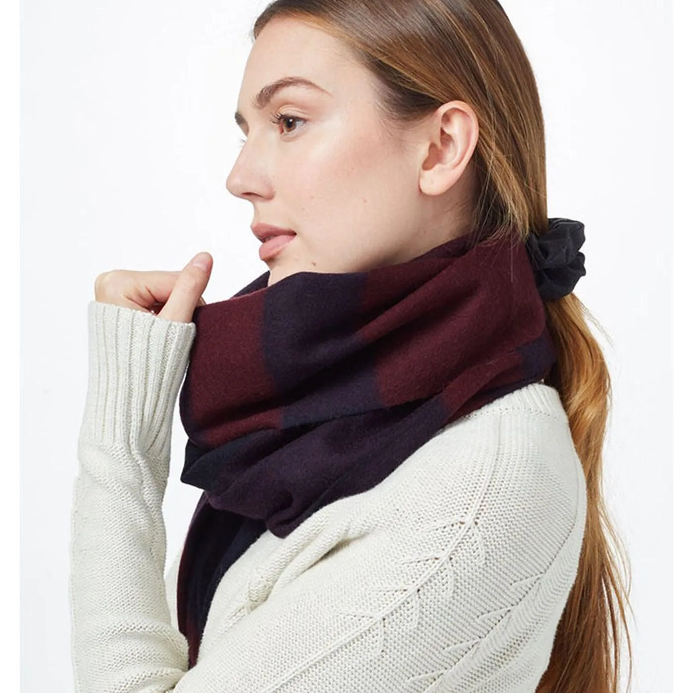 Tentree plaid scarf - mulberry/ midnight blue - RWS wool woven scarf.