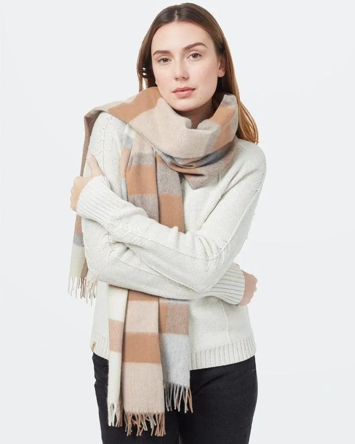 Tentree wool plaid scarf in Cartouche Brown/Elm White Heather