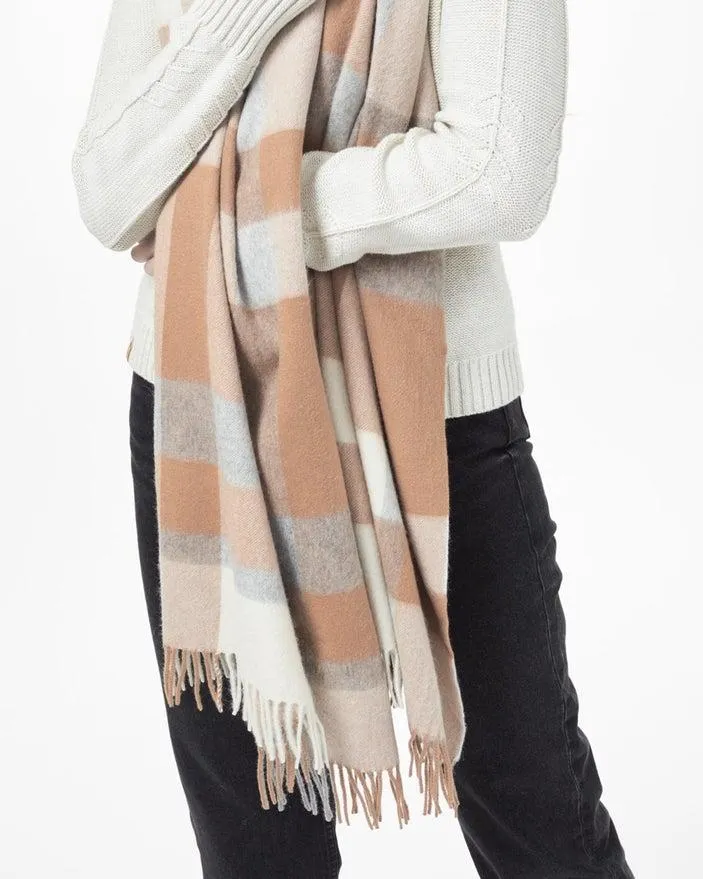 Tentree wool plaid scarf in Cartouche Brown/Elm White Heather