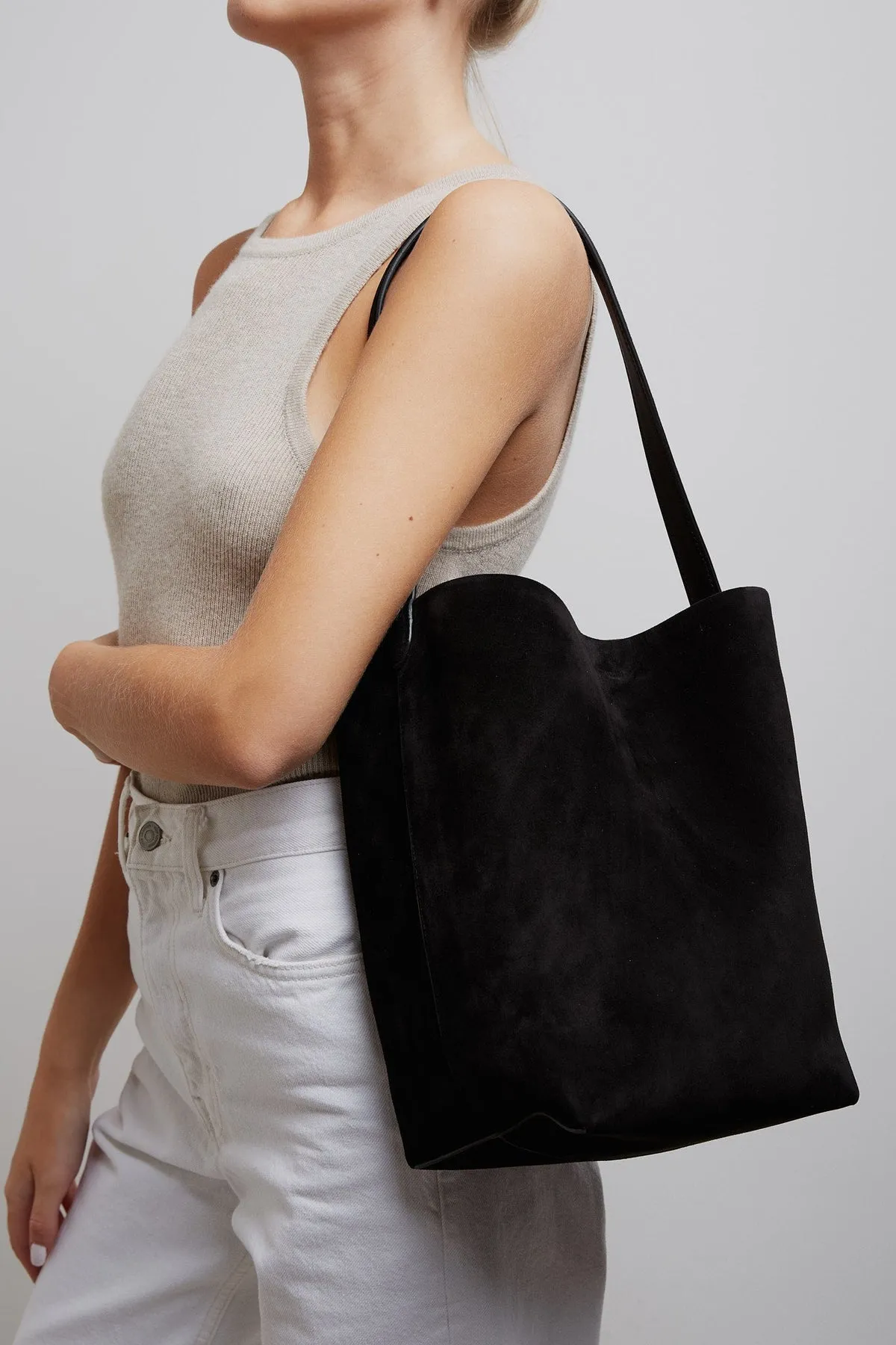 The Row Medium N/S black suede tote bag