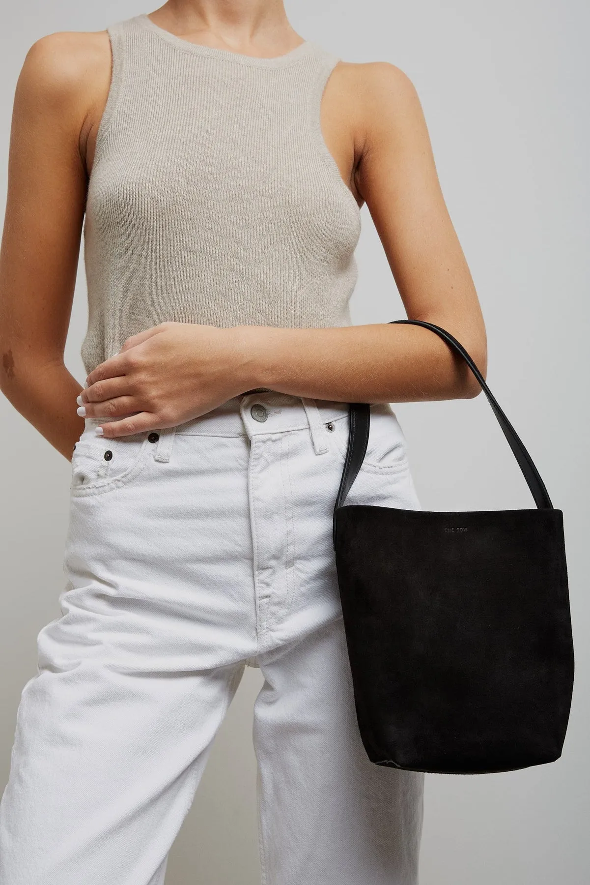 The Row Small N/S black suede tote bag