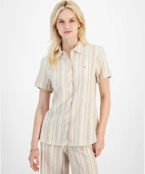 Tommy Hilfiger Women's Linen-Blend Striped Short-Sleeve Shirt