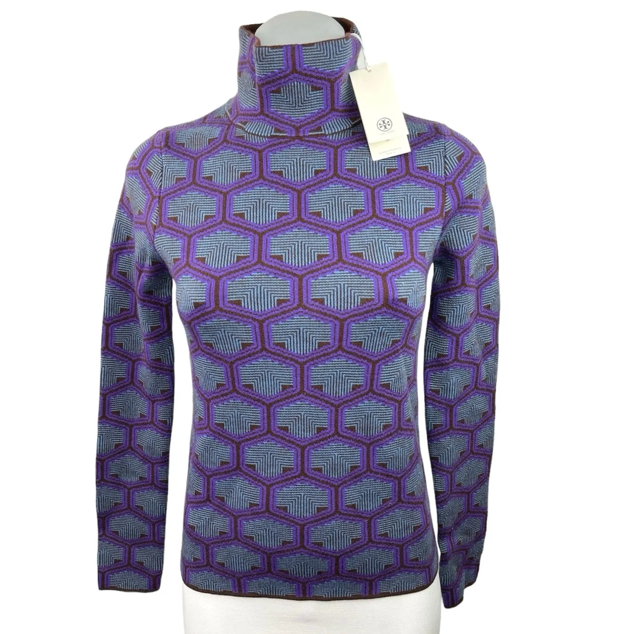 Tory Burch NWT Purple Honeycomb Jacquard Merino Wool Turtleneck Sweater Size XS