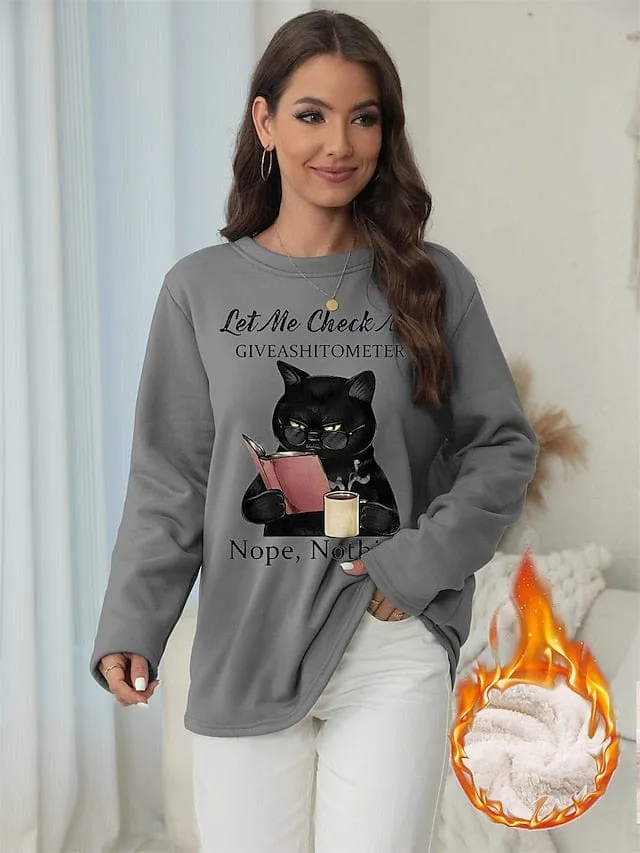 Vintage Cat Print Fleece Sweatshirt for Women - Cozy and Stylish