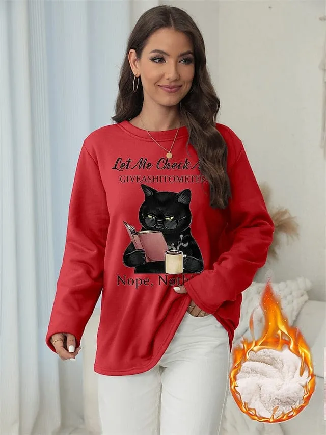 Vintage Cat Print Fleece Sweatshirt for Women - Cozy and Stylish