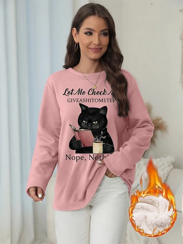 Vintage Cat Print Fleece Sweatshirt for Women - Cozy and Stylish