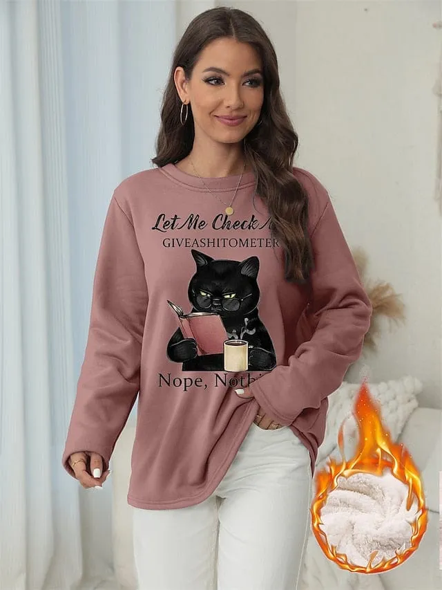 Vintage Cat Print Fleece Sweatshirt for Women - Cozy and Stylish