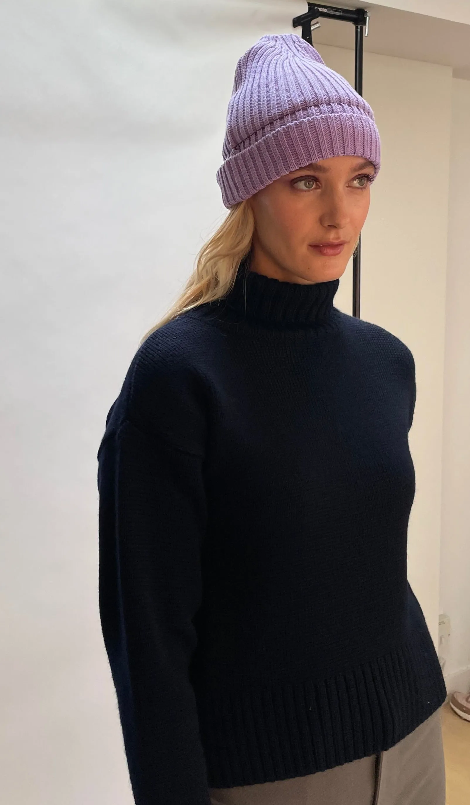 Violet Ribbed Beanie Hat.