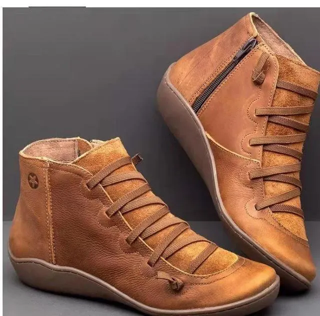 Winter Brown Leather Ankle Snow Boots for Women