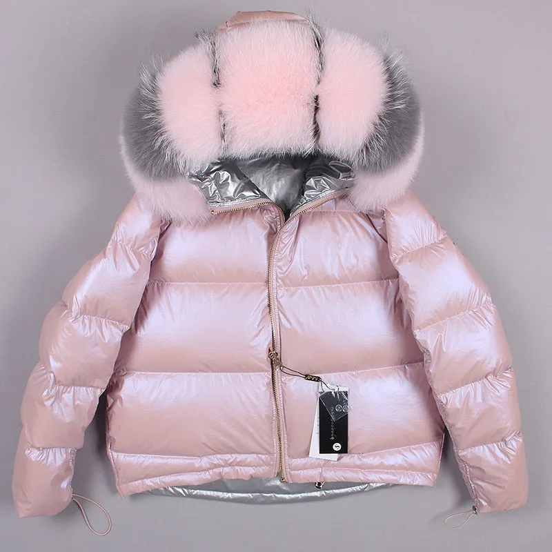 Winter White Duck Down Jacket with Fox Fur Collar for Women