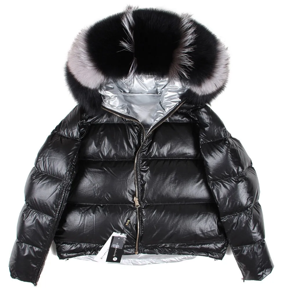 Winter White Duck Down Jacket with Fox Fur Collar for Women