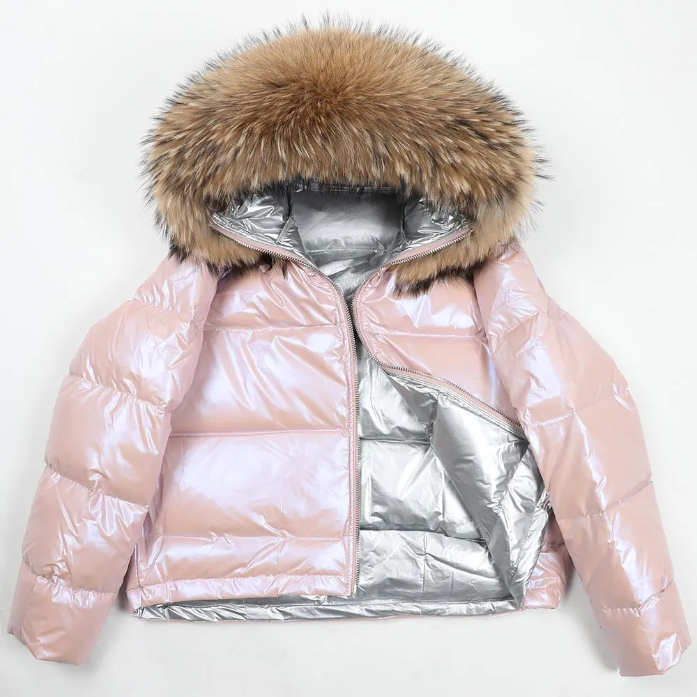 Winter White Duck Down Jacket with Fox Fur Collar for Women