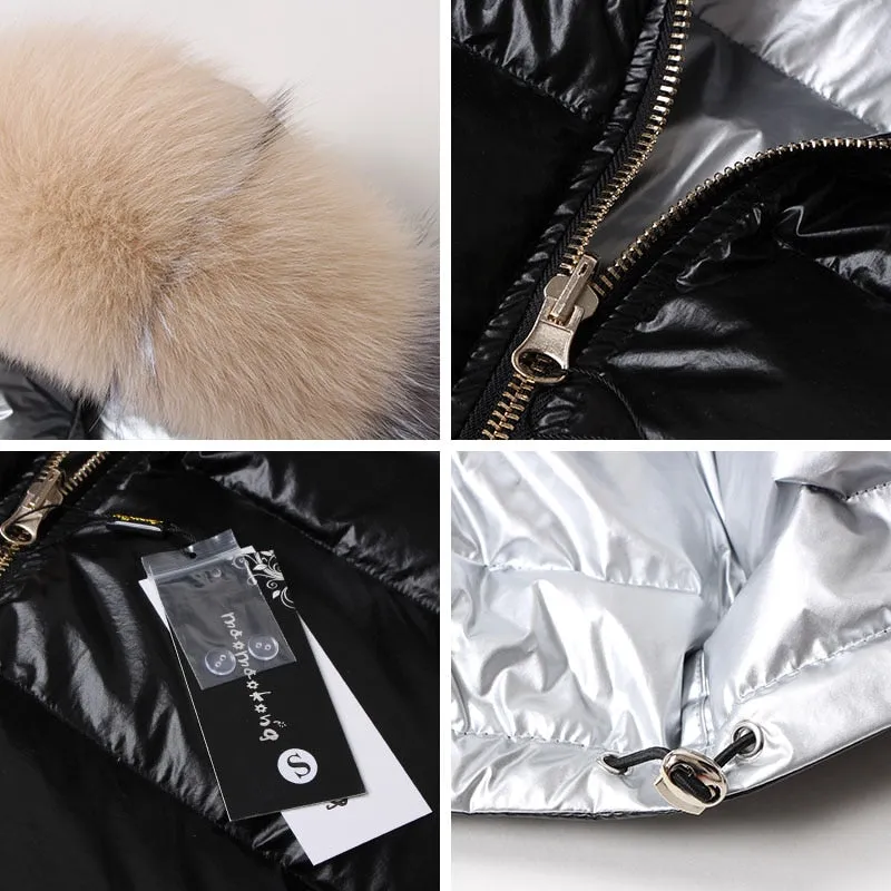 Winter White Duck Down Jacket with Fox Fur Collar for Women