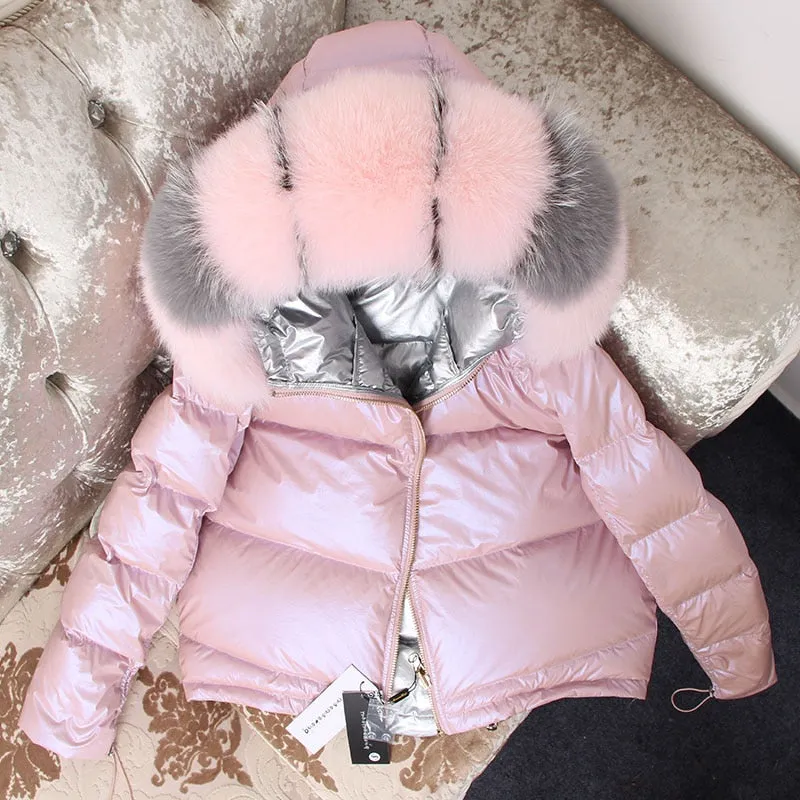 Winter White Duck Down Jacket with Fox Fur Collar for Women