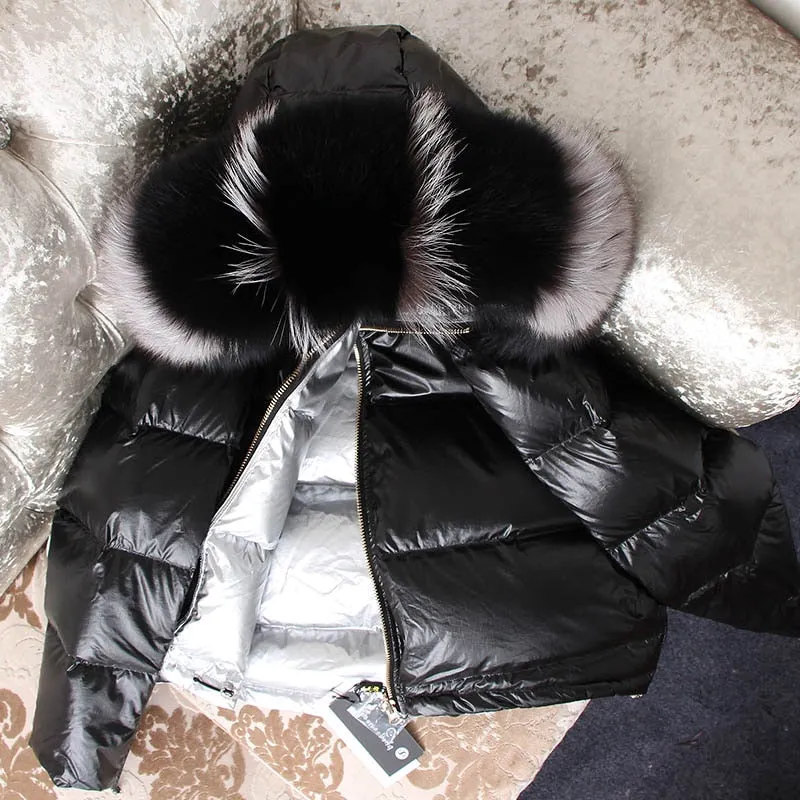 Winter White Duck Down Jacket with Fox Fur Collar for Women