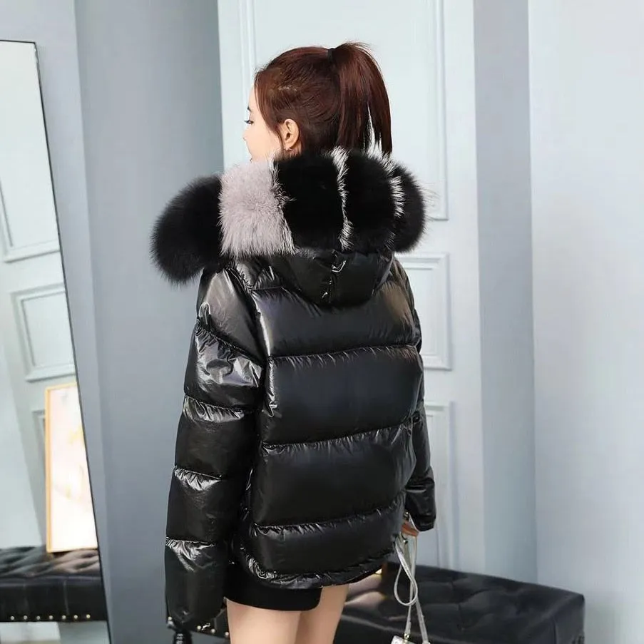 Winter White Duck Down Jacket with Fox Fur Collar for Women