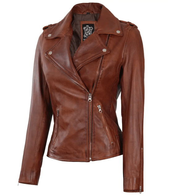 Women's Asymmetrical Cognac Biker Leather Jacket