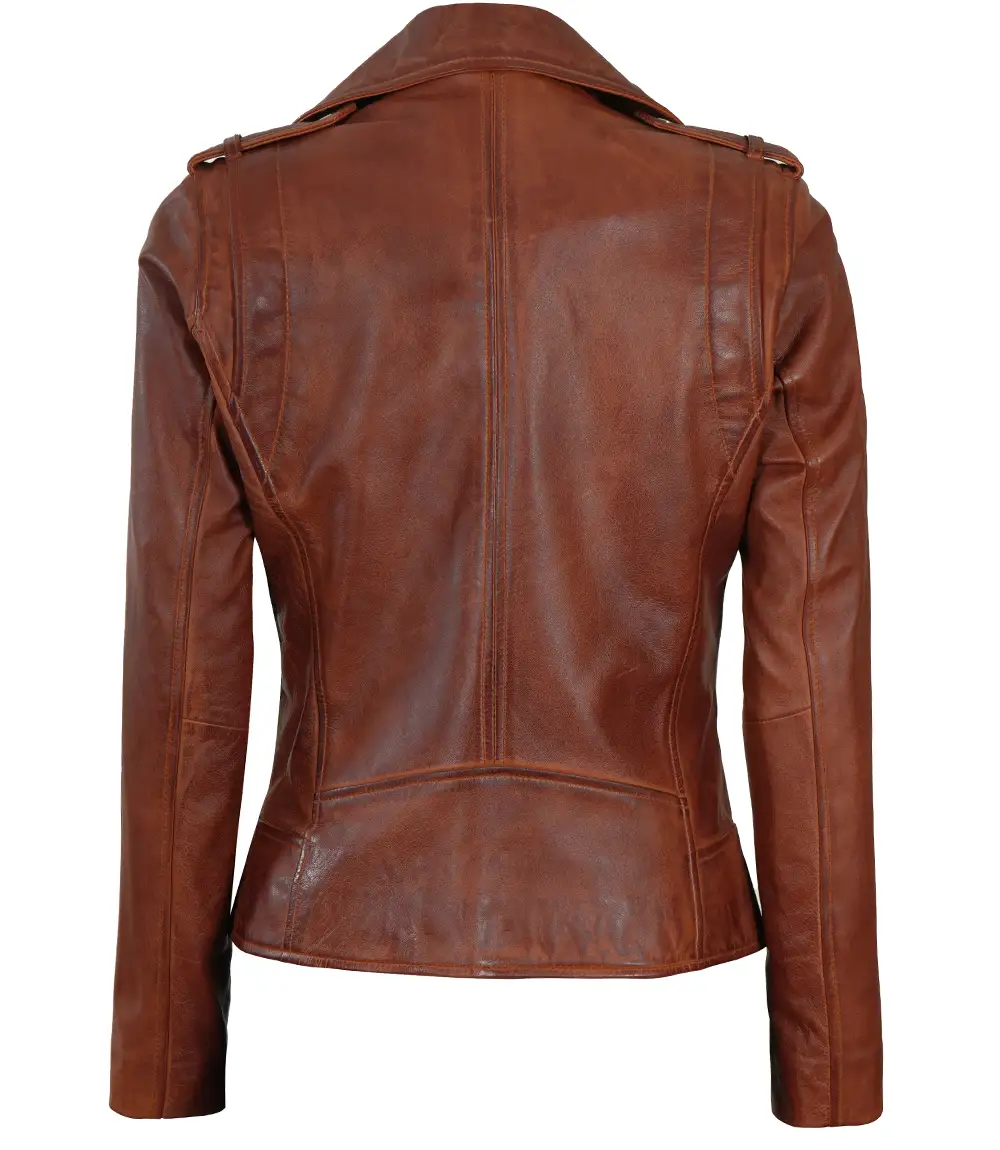 Women's Asymmetrical Cognac Biker Leather Jacket