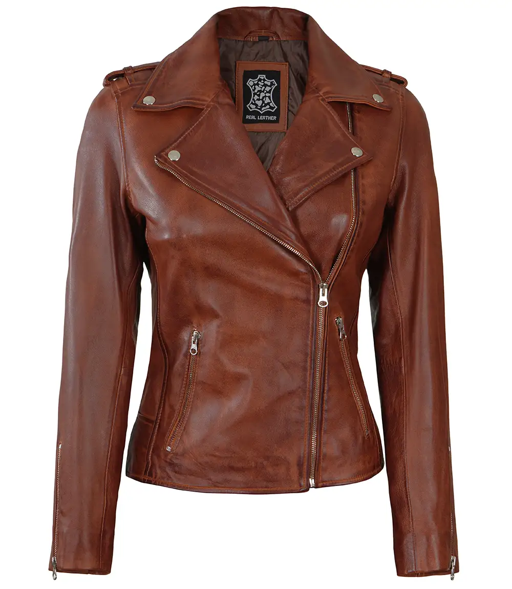 Women's Asymmetrical Cognac Biker Leather Jacket