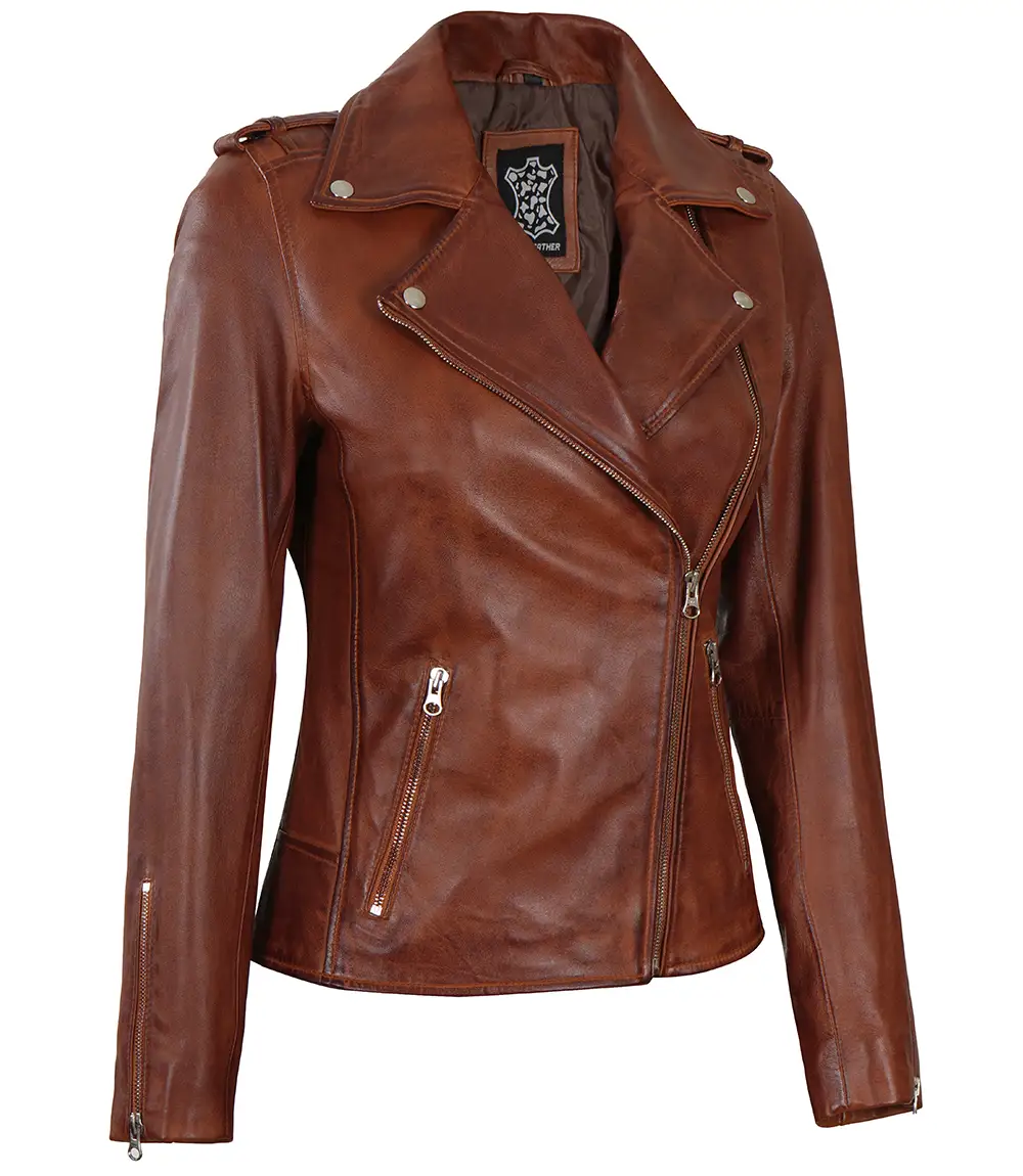 Women's Asymmetrical Cognac Biker Leather Jacket