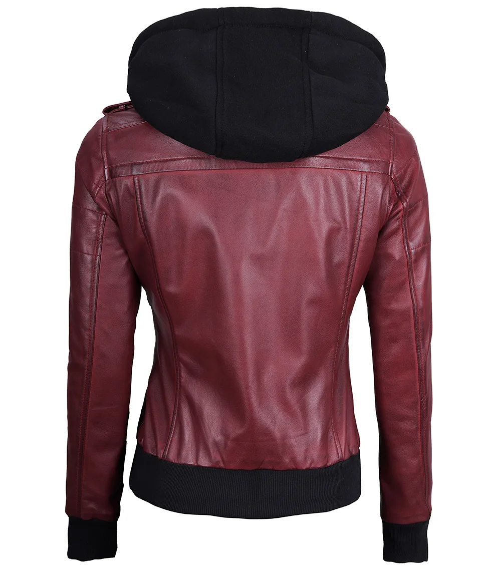 Women's Maroon Leather Jacket with Removable Hood