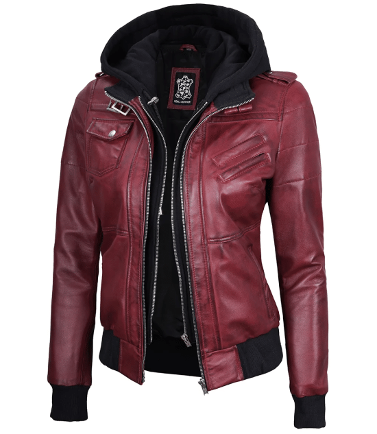 Women's Maroon Leather Jacket with Removable Hood