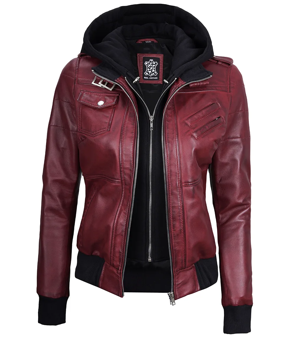 Women's Maroon Leather Jacket with Removable Hood