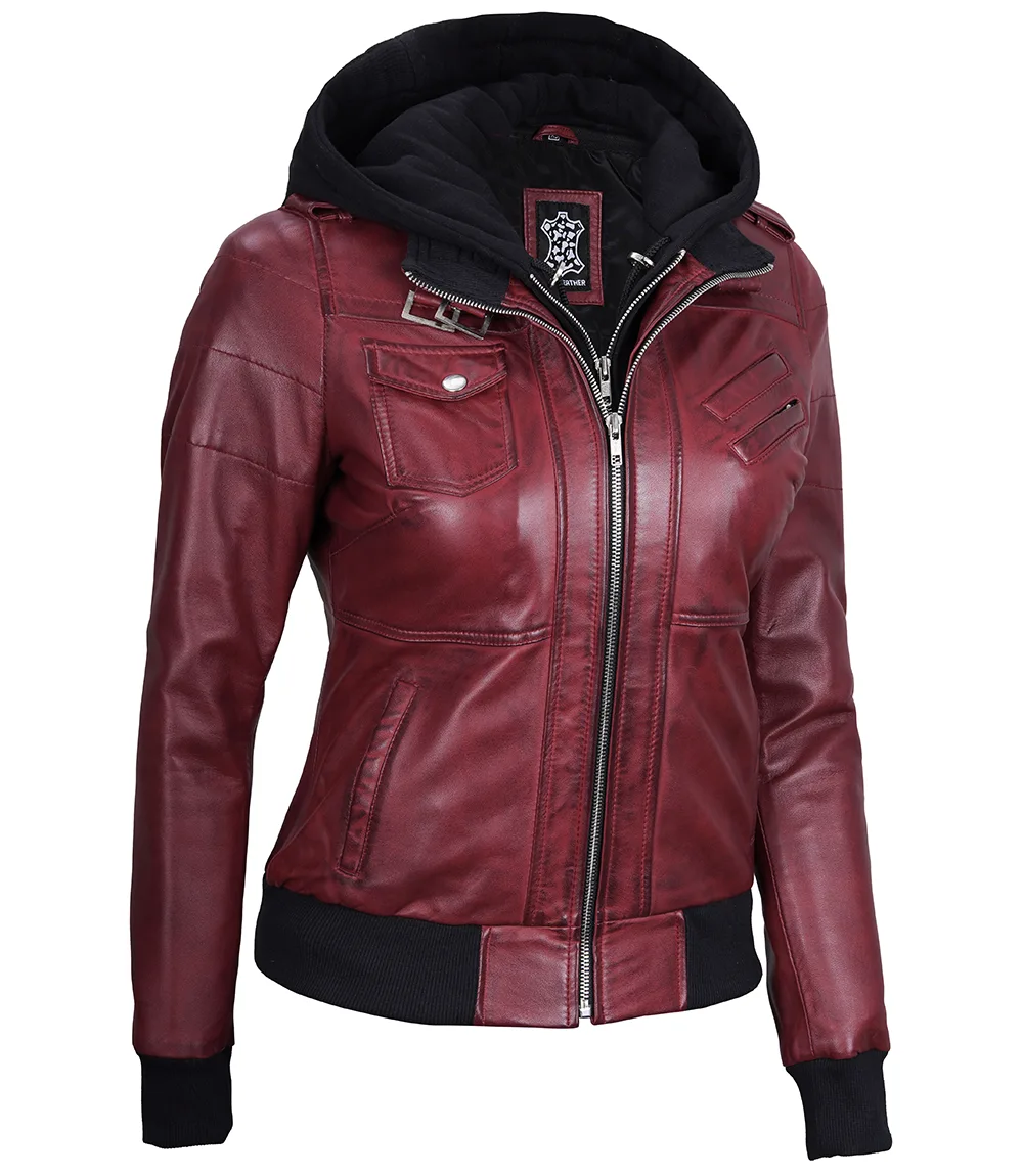 Women's Maroon Leather Jacket with Removable Hood