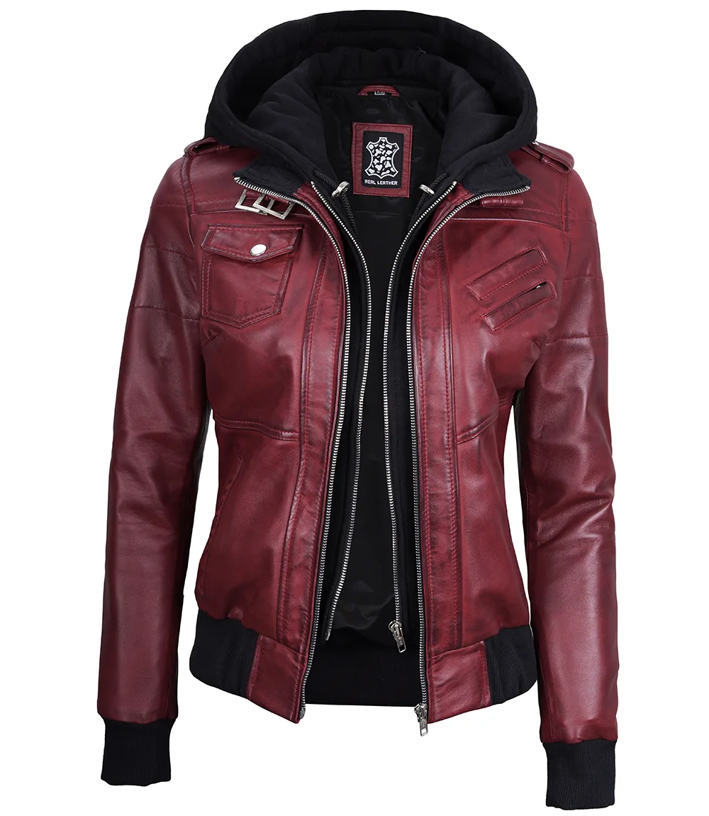 Women's Maroon Leather Jacket with Removable Hood