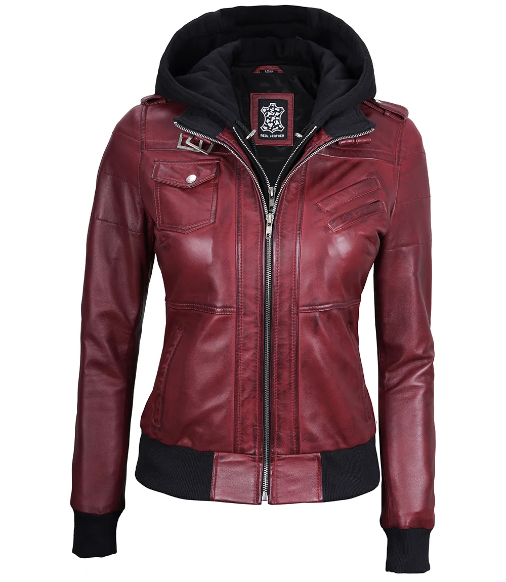 Women's Maroon Leather Jacket with Removable Hood