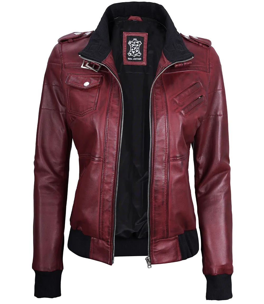 Women's Maroon Leather Jacket with Removable Hood