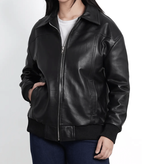 Women's Oversized Leather Bomber Jacket​ Black